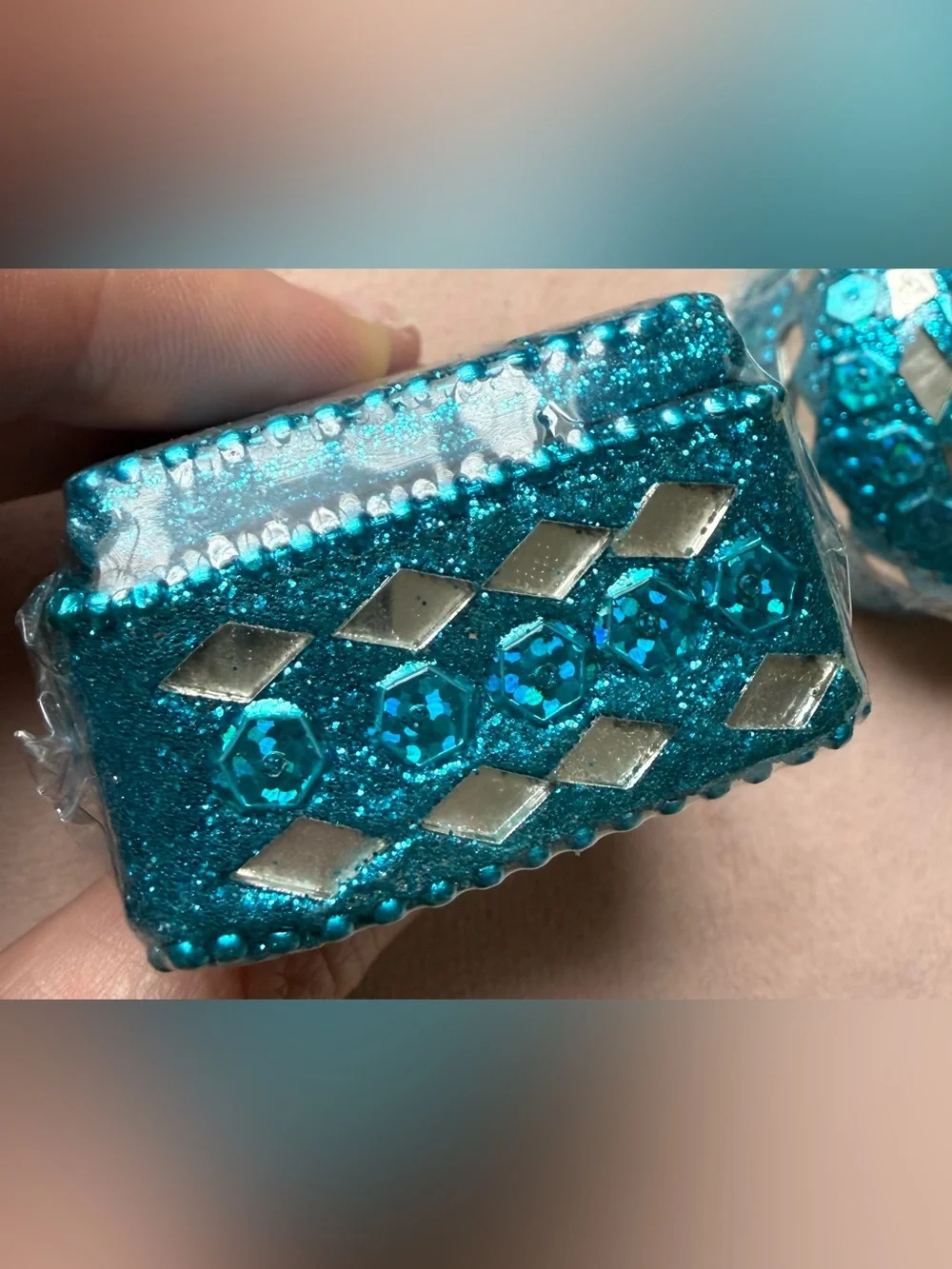 Lot of 4 Vintage Teal Blue Glitter Pill Medicine Trinket Box Mosaic Sequins